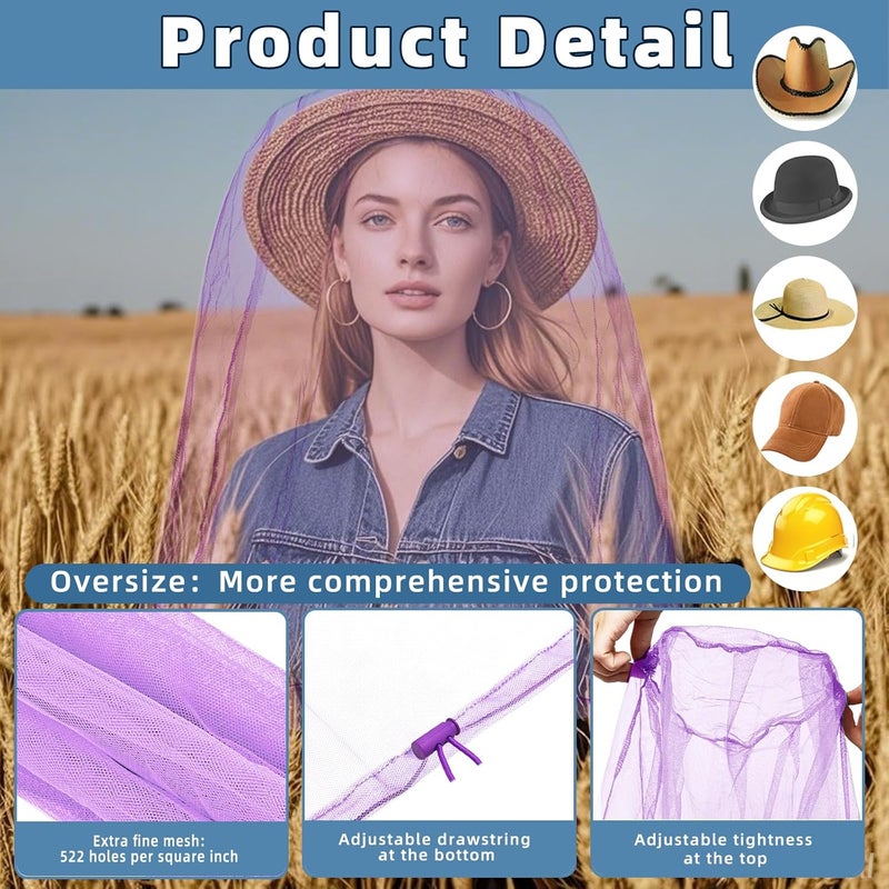 JayruiMice 2 Pack Ultra Large Mosquito Net 42x25 Inches Mosquito Head Net Oversized Insect Netting Bug Fits Most Hats for Gardening Hiking Fishing Traveling(Light Purple) - Image 3